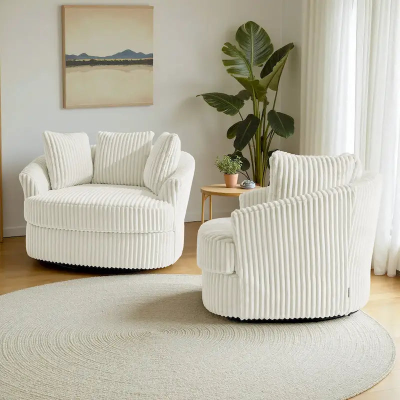 Lot de 2 fauteuils pivotants ronds surdimensionnés en velours côtelé moelleux de 43 po de large avec oreillers