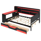 Lit de repos de jeu double/grand avec tête de lit bibliothèque, lumières LED, bureau intégré, tiroirs et station de charge