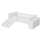 Lit superposé simple Whisen pour enfant avec toboggan, étagère de rangement mobile, balustrades, cadre de lit mezzanine bas