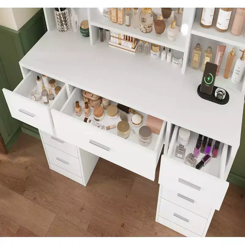 BALHAM TRADE-Coiffeuse avec miroir et lumières 9 tiroirs 6 étagères 3 modes d'éclairage Luminosité réglable