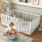 Lit Montessori double blanc avec barrières et porte – Bois massif, 1 enfant