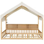 Cadre de lit en bois pleine grandeur Whisen, lit de repos en forme de maison avec clôture, 3 étagères de rangement, rideau