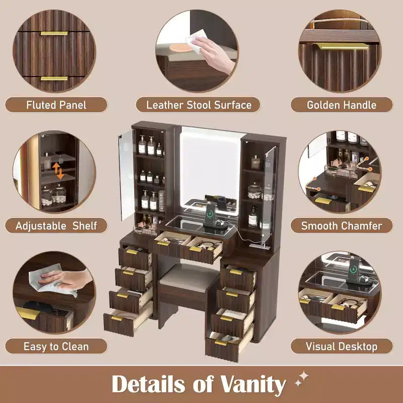 Ensemble de vanité moderne JVNOXK de 43,5 pouces avec miroir et lumière, doté de tiroirs et d'une armoire en verre transparent, inclut un tabouret et une station de recharge, marron
