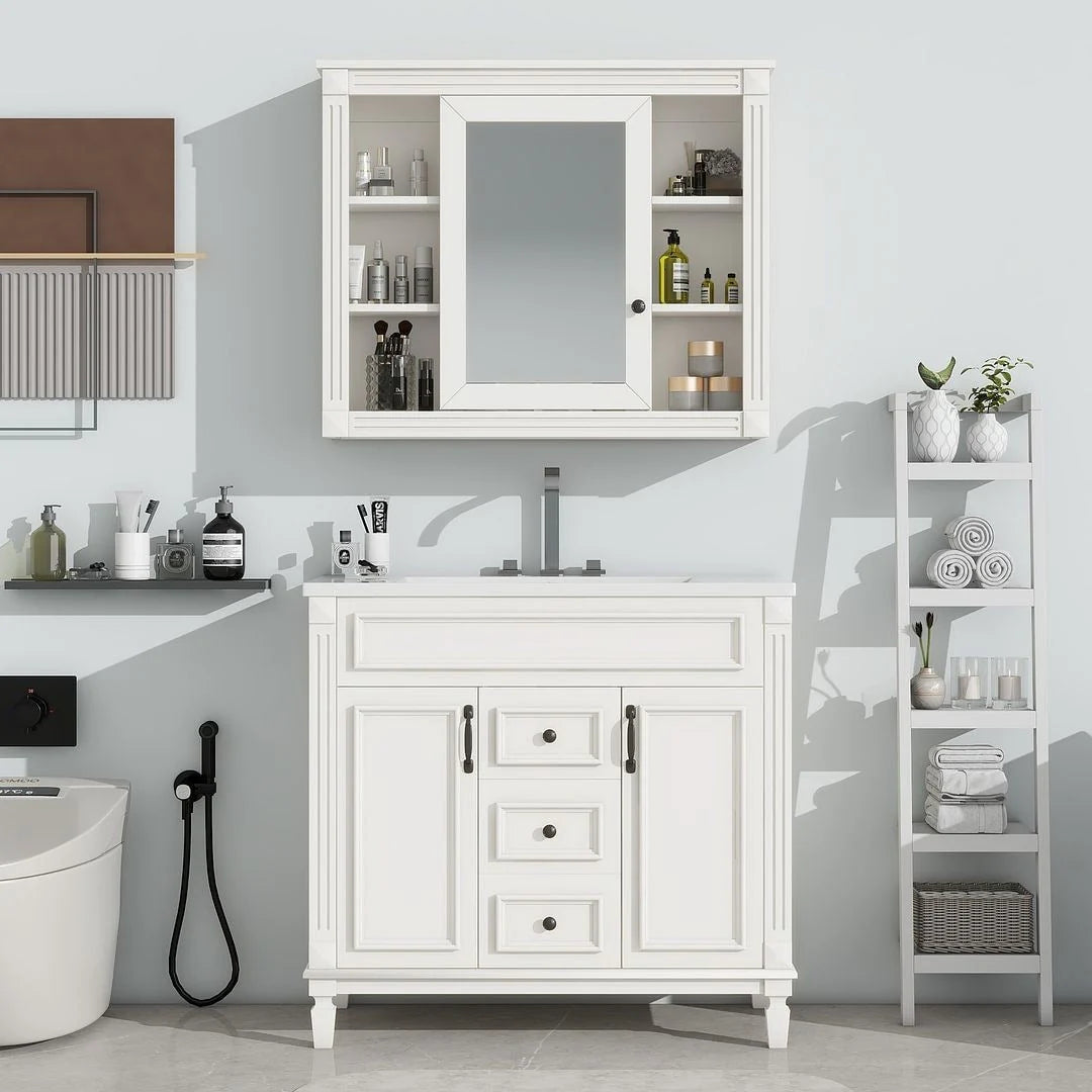 Meuble-lavabo de salle de bain moderne de 91 cm avec lavabo et armoire de toilette, 2 portes et 2 tiroirs