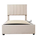 Lit de rangement relevable double Bellemave, lit plateforme tapissé avec système de rangement hydraulique, tête de lit à rayures verticales, beige