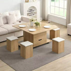 Table basse relevable multifonctionnelle et moderne avec rangement dissimulé, 4 tabourets et roulettes, parfaite pour les espaces de vie modernes.