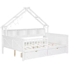 Cadre de lit maison pleine grandeur avec tiroirs, lit plate-forme maison avec lumières LED, étagères de rangement et tiroirs, lit de repos en bois avec toit et garde-corps