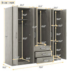 Armoire 6 portes en bois avec 3 grands tiroirs de rangement pour chambre à coucher
