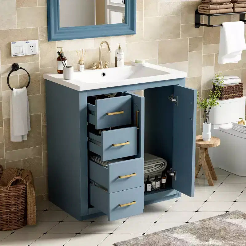 Meuble-lavabo simple de 76 cm avec armoire et 3 tiroirs – Noir / Bleu / Vert / Indigo / Blanc