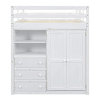 Lit mezzanine en bois pleine grandeur avec armoire intégrée, bureau, étagères de rangement et tiroirs