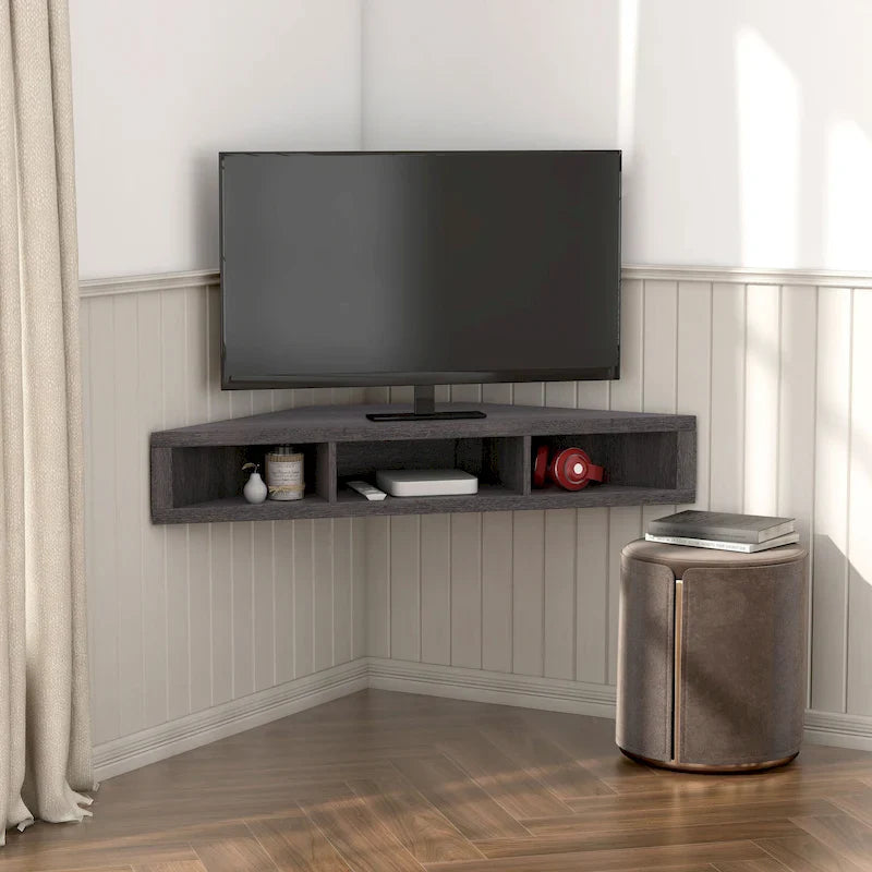 Meuble TV d'angle flottant 47", 3 étagères, style transitoire, fixation murale peu encombrante
