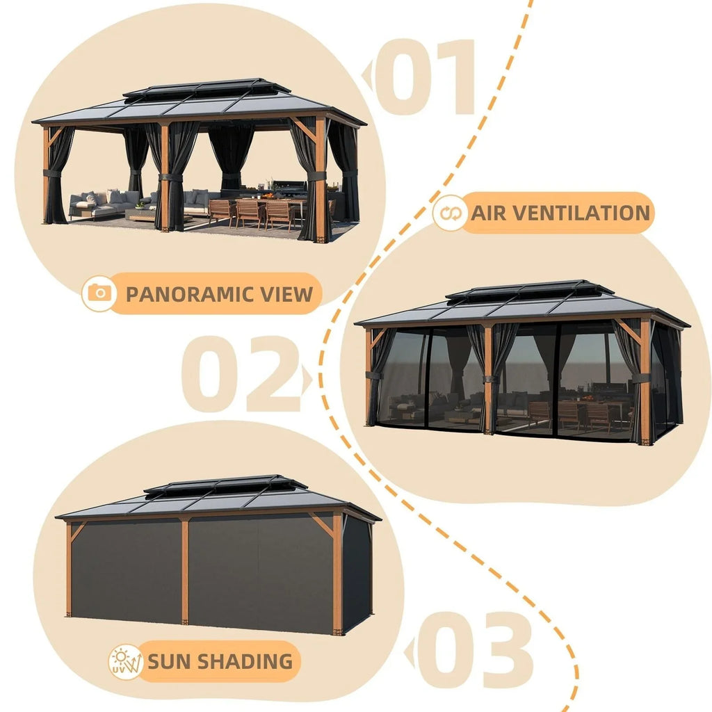 Tonnelle EROMMY à toit rigide, pergola extérieure avec double toit, moustiquaire et rideaux, auvent robuste pour patio, jardin, fête au bord de la piscine