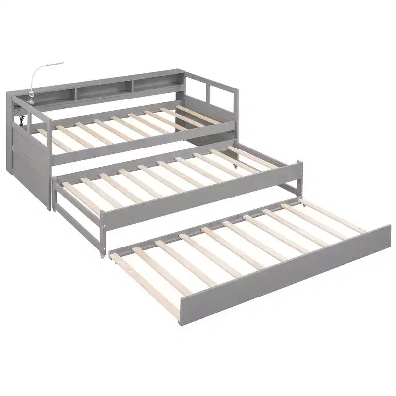 Lit de repos double XL Whisen en bois avec 2 lits gigognes, 3 compartiments de rangement, 1 lampe gratuite et port de chargement USB