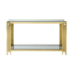 Console étroite à 2 niveaux avec structure en métal doré et plateau en verre trempé