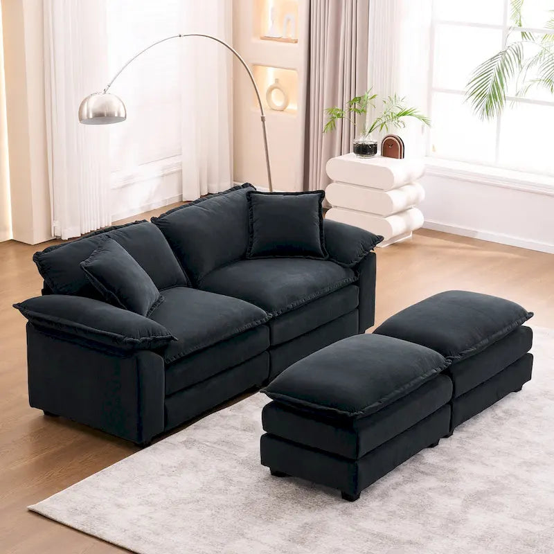Canapé 2 places avec 2 coussins de siège, 2 oreillers et 2 poufs, canapé confortable - Canapé profond de salon, canapé modulable