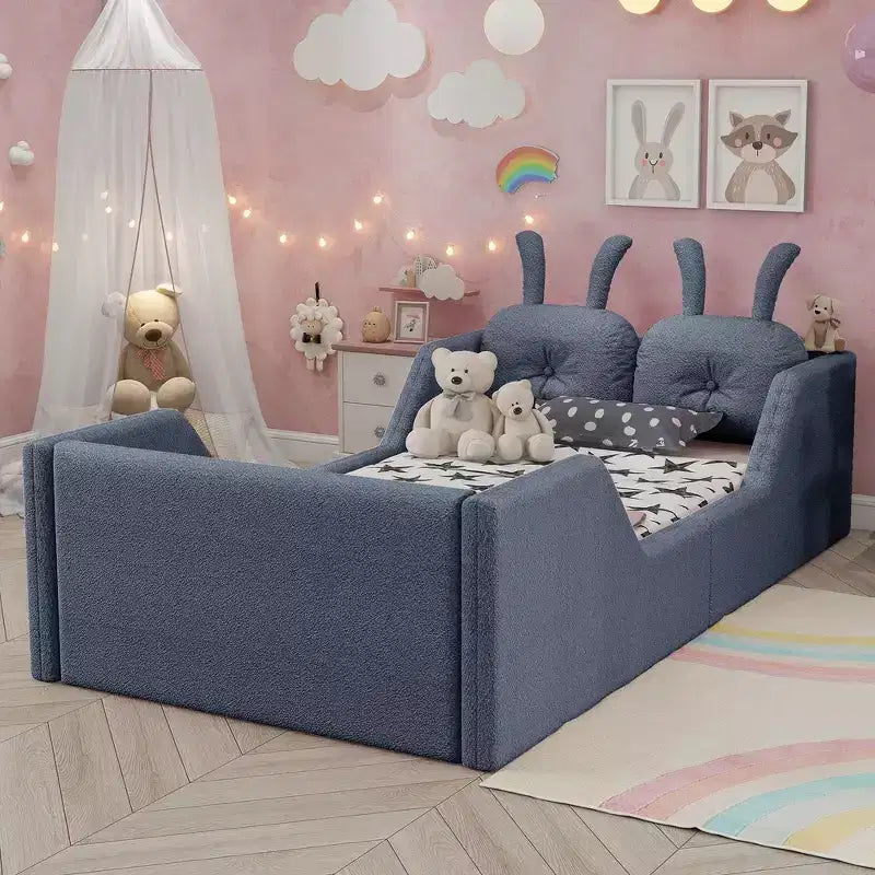 Lit plateforme double Whisen, cadre de lit rembourré pour enfants avec coussin lapin, barrières latérales amovibles