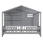 Lit cabane double avec étagères de rangement et barrières, cadre de lit Montessori en bois pour enfants avec fenêtre et bande lumineuse scintillante