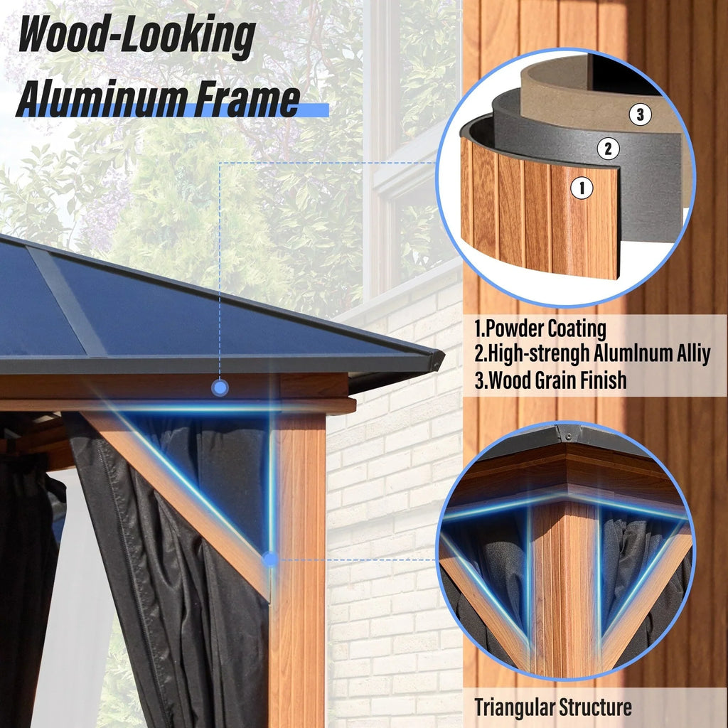 Tonnelle EROMMY à toit rigide, pergola extérieure avec double toit, moustiquaire et rideaux, auvent robuste pour patio, jardin, fête au bord de la piscine
