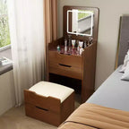 Coiffeuse 3-en-1 Okak avec miroir rabattable, coiffeuse compacte avec plateau en verre visible et tabouret rembourré, coiffeuse pour chambre à coucher