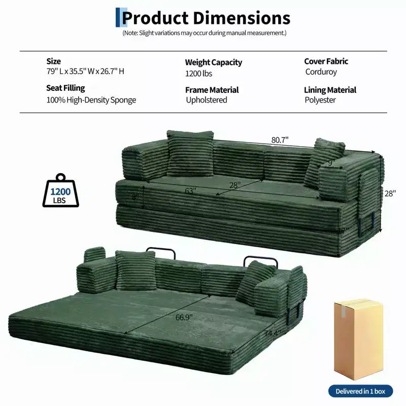 Canapé-lit convertible 5-en-1 80,7 po – Velours côtelé, 544 kg, aucun assemblage