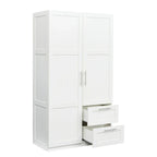 Armoire de rangement en bois blanc avec portes, tiroirs et tringle à vêtements