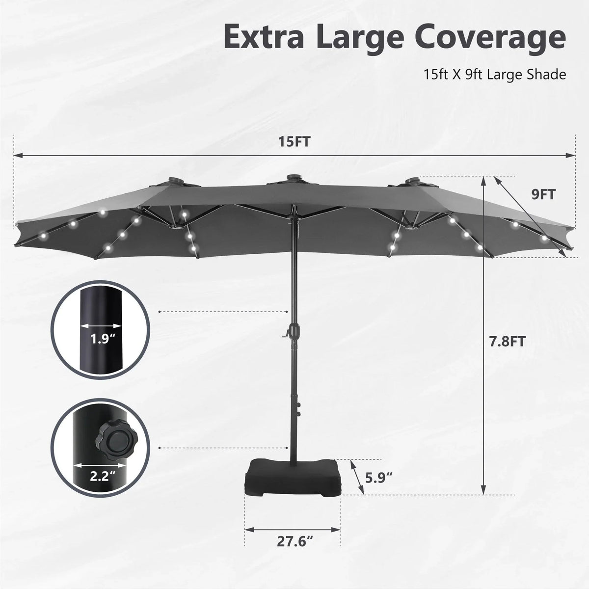 MAISON ARTS Parasol excentré rectangulaire de 4,5 m avec manivelle, parasol de marché double face d'extérieur avec lumières LED solaires et base incluse