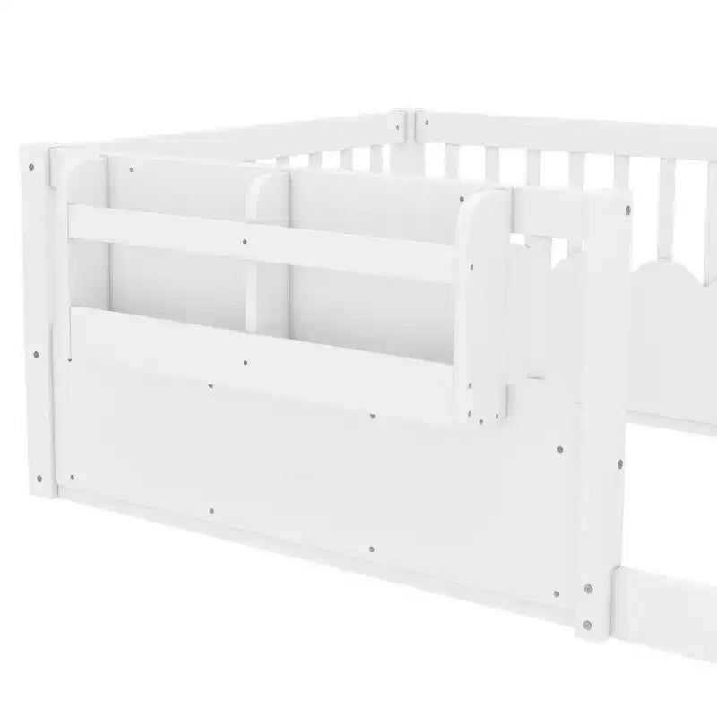 Lit d'enfant Bellemave avec clôture rehaussée et étagère, cadre de lit Montessori double en bois pour filles et garçons