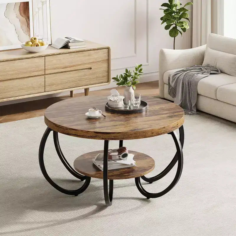 Table basse industrielle ronde de 30 pouces à 2 niveaux avec pieds réglables, étagère à grain de bois, motif flamme, assemblage facile, salon