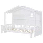 Lit cabane double avec étagères de rangement et barrières, cadre de lit Montessori en bois pour enfants avec fenêtre et bande lumineuse scintillante