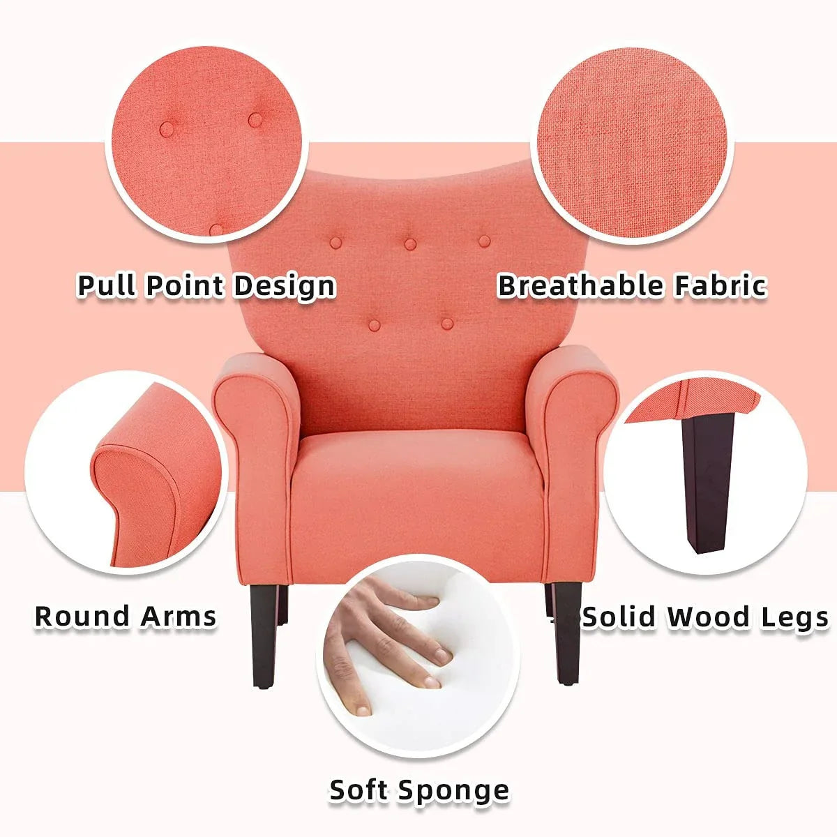 Fauteuil d'appoint moderne Erommy, fauteuil à dossier haut, canapé simple en tissu rembourré avec boutons et pieds en bois pour salon