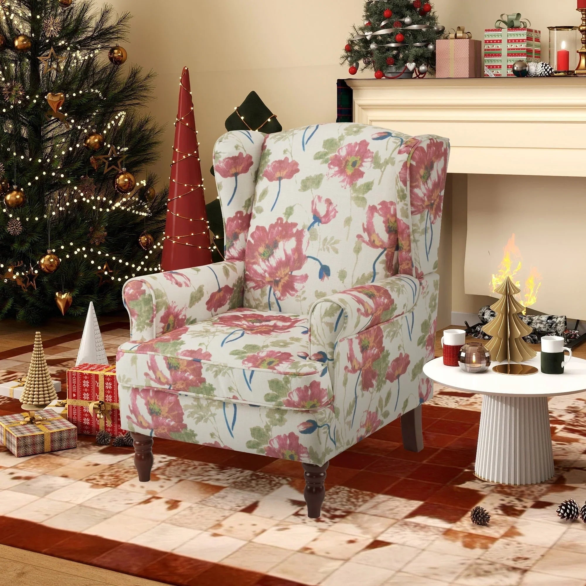 Fauteuil d'appoint moderne Erommy, fauteuil à dossier haut, canapé simple en tissu rembourré avec boutons et pieds en bois pour salon
