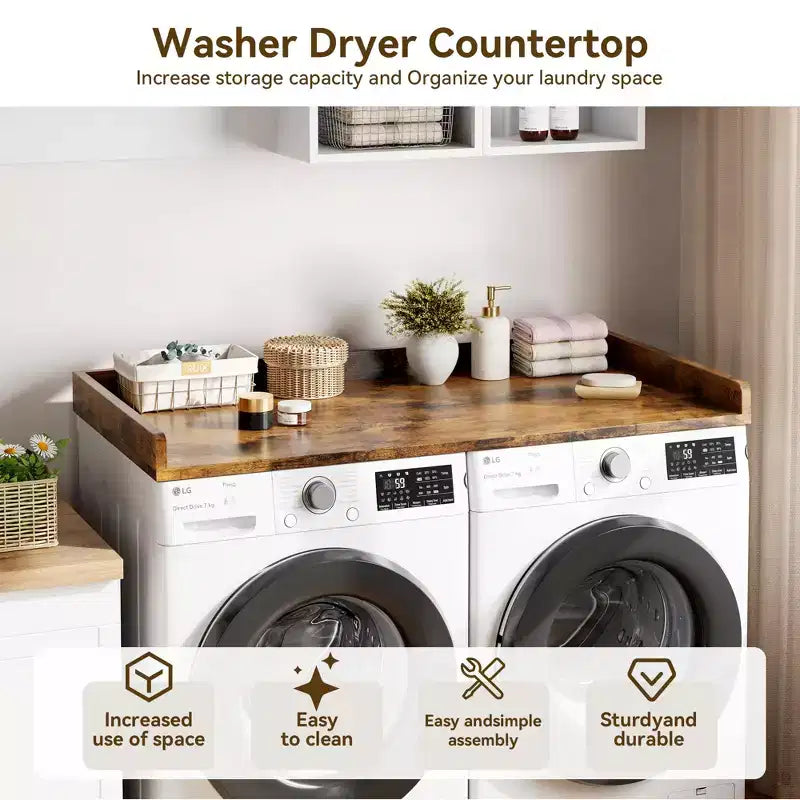 Comptoir pour lave-linge-sécheuse, dessus de machine à laver avec bord surélevé et tapis antidérapant pour le rangement des paniers à linge et l'organisation de la buanderie