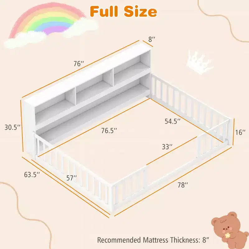 Lit de sol Montessori double/complet avec étagères de rangement et barrières de sécurité Blanc/Gris