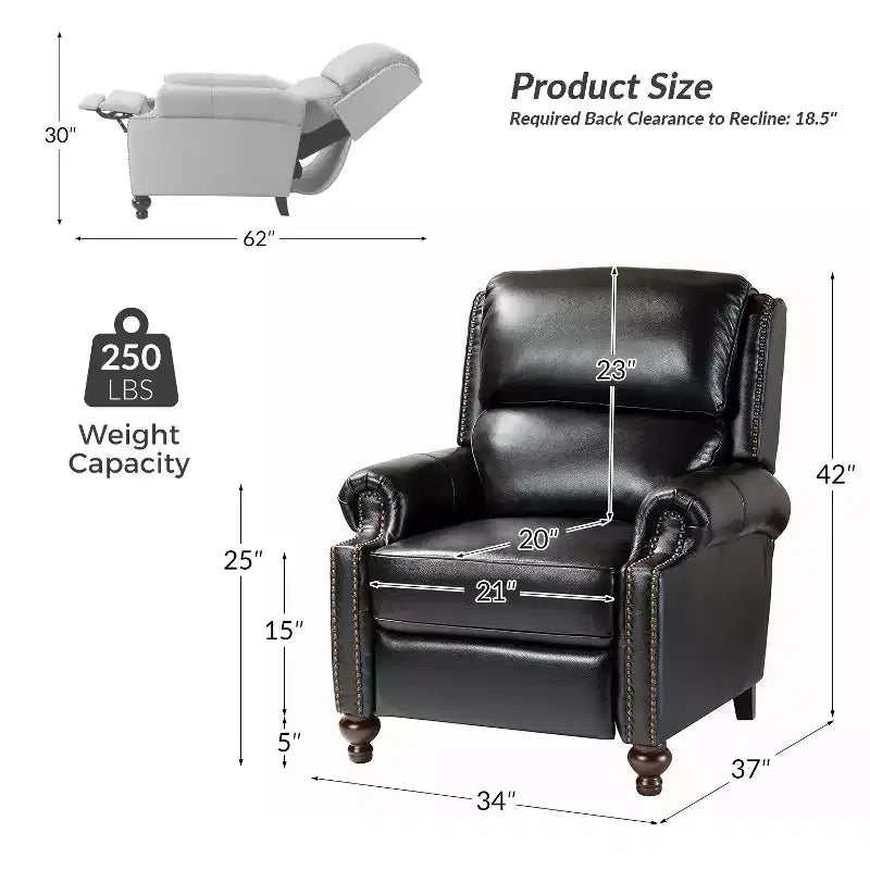 Ensemble de 2 fauteuils inclinables modernes en cuir véritable Elisabete avec garniture cloutée vintage pour salon et chambre à coucher | ART OF LIVING DESIGNS