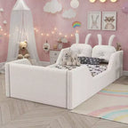 Lit plateforme double Whisen, cadre de lit rembourré pour enfants avec coussin lapin, barrières latérales amovibles