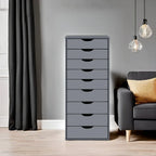 Étroite commode en bois à 9 tiroirs coulissants et étagère de rangement supérieure