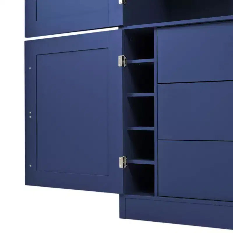 Grand meuble de garde-manger de cuisine avec prises électriques, grand placard autoportant avec support pour micro-ondes, tiroirs, étagères, casiers à vin et étagère de porte
