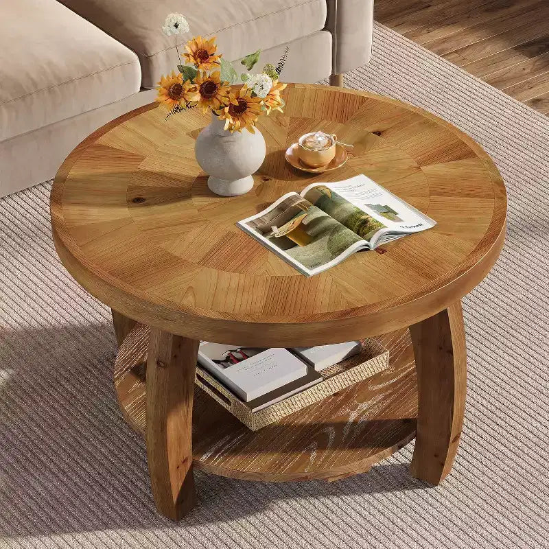 Table basse ronde en bois massif Lantine, table centrale à 2 niveaux avec rangement, plateau de 80 cm avec motif mosaïque, assemblage facile, pour salon, marron