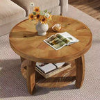 Table basse ronde en bois massif Lantine, table centrale à 2 niveaux avec rangement, plateau de 80 cm avec motif mosaïque, assemblage facile, pour salon, marron
