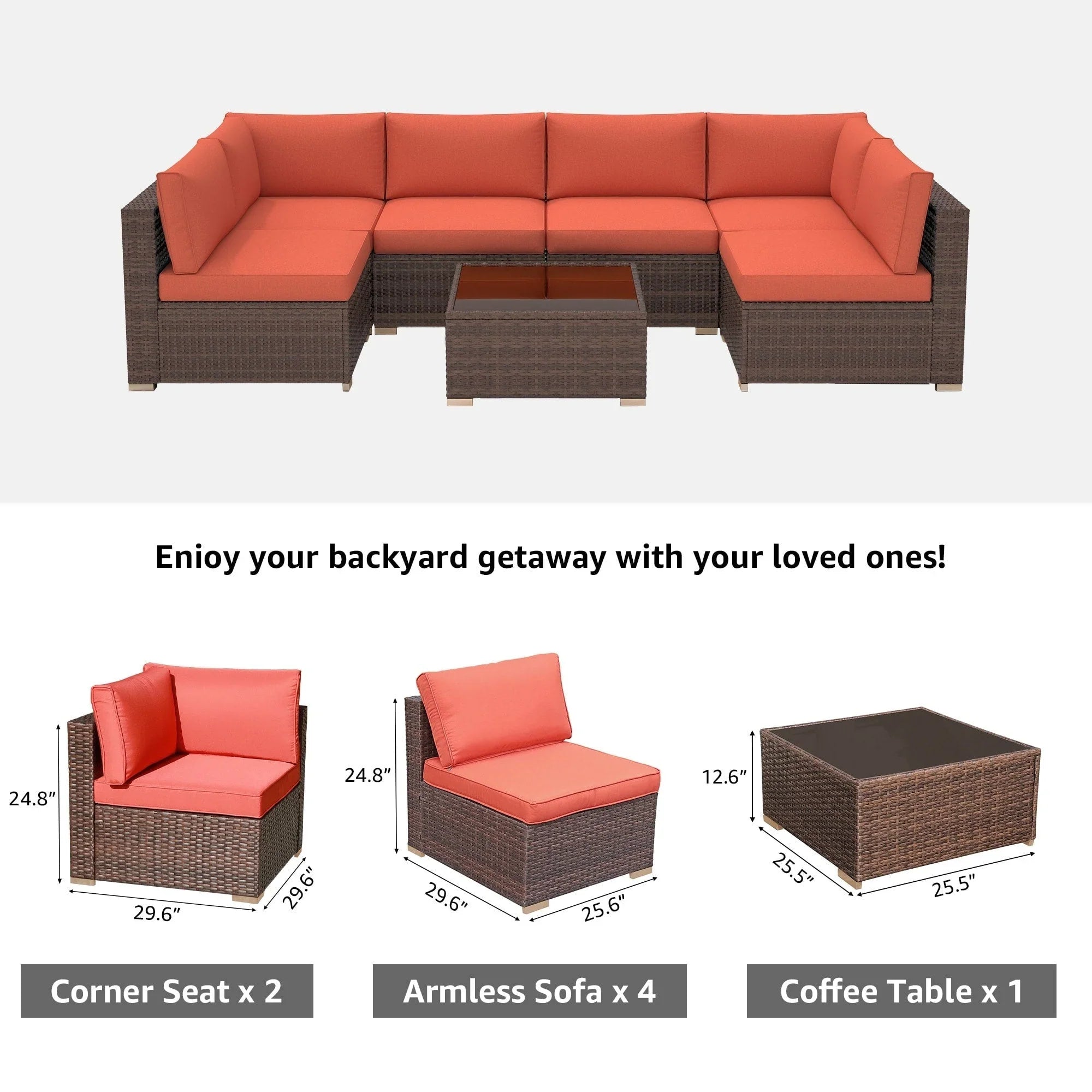 Ensemble de canapé d'angle d'extérieur 7 pièces en osier/acier avec coussins