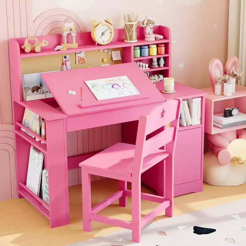 Bureau et chaise d'étude pour enfants avec rangement, bureau d'étude pour enfants avec étagère supérieure et inclinable, pour les 3-8 ans, table d'écriture pour chambre d'enfant