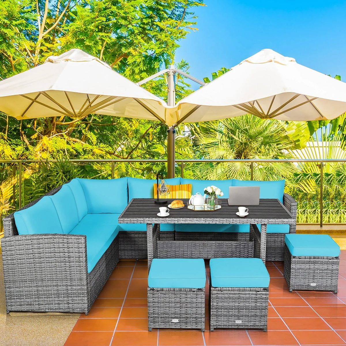 Ensemble de salle à manger Costway 7 pièces en rotin pour terrasse, canapé sectionnel et pouf - Voir détails