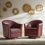Fauteuil club pivotant en cuir véritable Pocono avec piétement en bois massif, lot de 2Artful Living Design