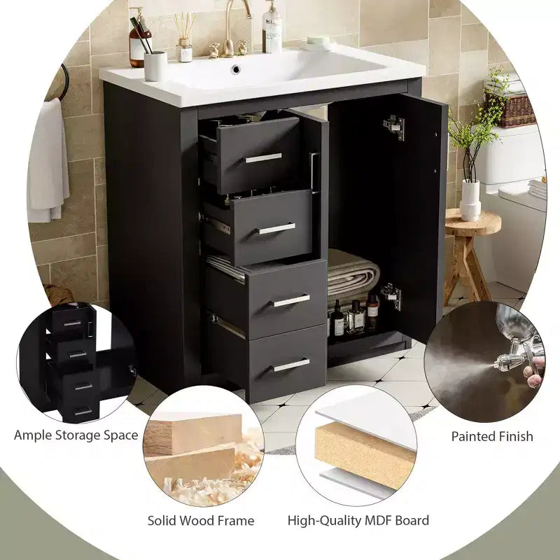 Meuble-lavabo simple de 76 cm avec armoire et 3 tiroirs – Noir / Bleu / Vert / Indigo / Blanc