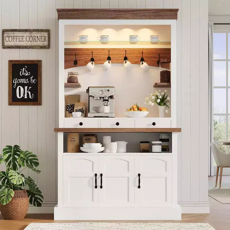 Meuble de bar à café de style ferme de 72 po de haut avec lumières LED, buffet de cuisine avec portes et tiroir, étagères réglables, rangement spacieux