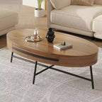Table basse ovale Acekool avec tiroir, table de rangement en bois 120 cm avec pieds en métal croisés, table basse de style moderne du milieu du siècle en saule naturel et doré