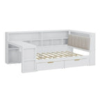 Canapé-lit d'angle en bois en forme de L avec bureau, bibliothèque, lit d'angle avec tiroirs de rangement, tête de lit rembourrée et éclairage intégré