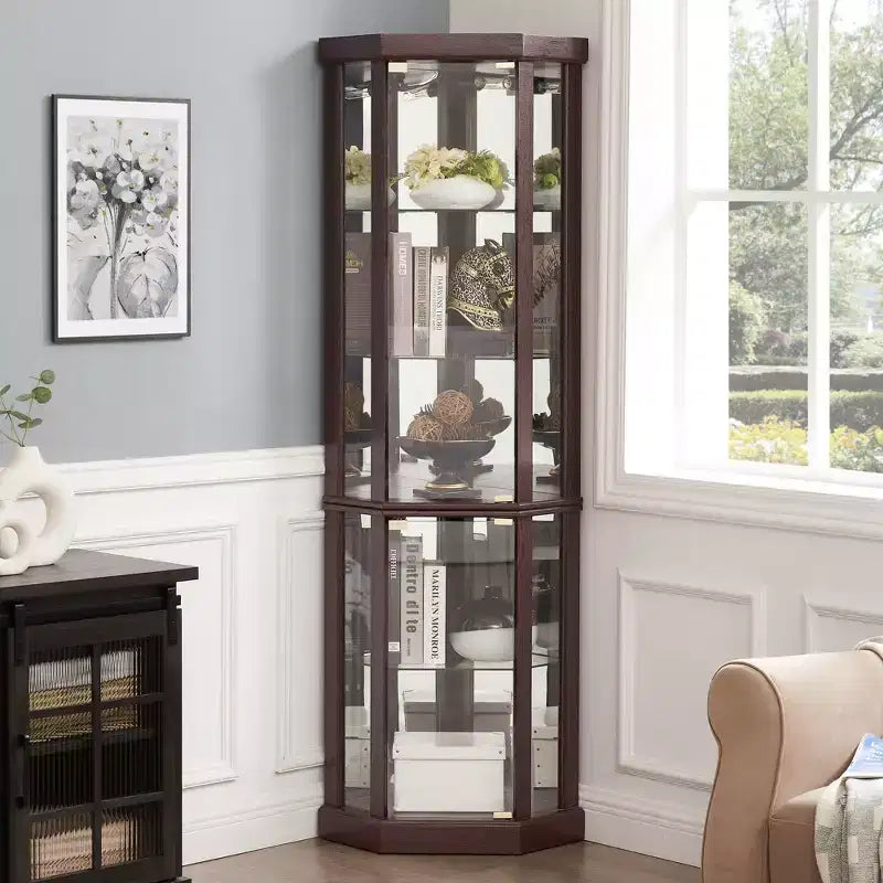 Vitrine d'angle avec portes et étagères en verre, Meuble de présentation d'angle pour salon