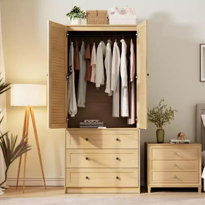 COZONY Armoire penderie avec 3 tiroirs et 2 portes, Placard de rangement moderne en bois pour chambre à coucher, Armoire sur pied blanche robuste