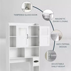 Meuble de rangement pour toilettes – Organisateur de salle de bain de style ferme de 171 cm de haut avec étagère réglable et porte en verre pour salle de bain, buanderie